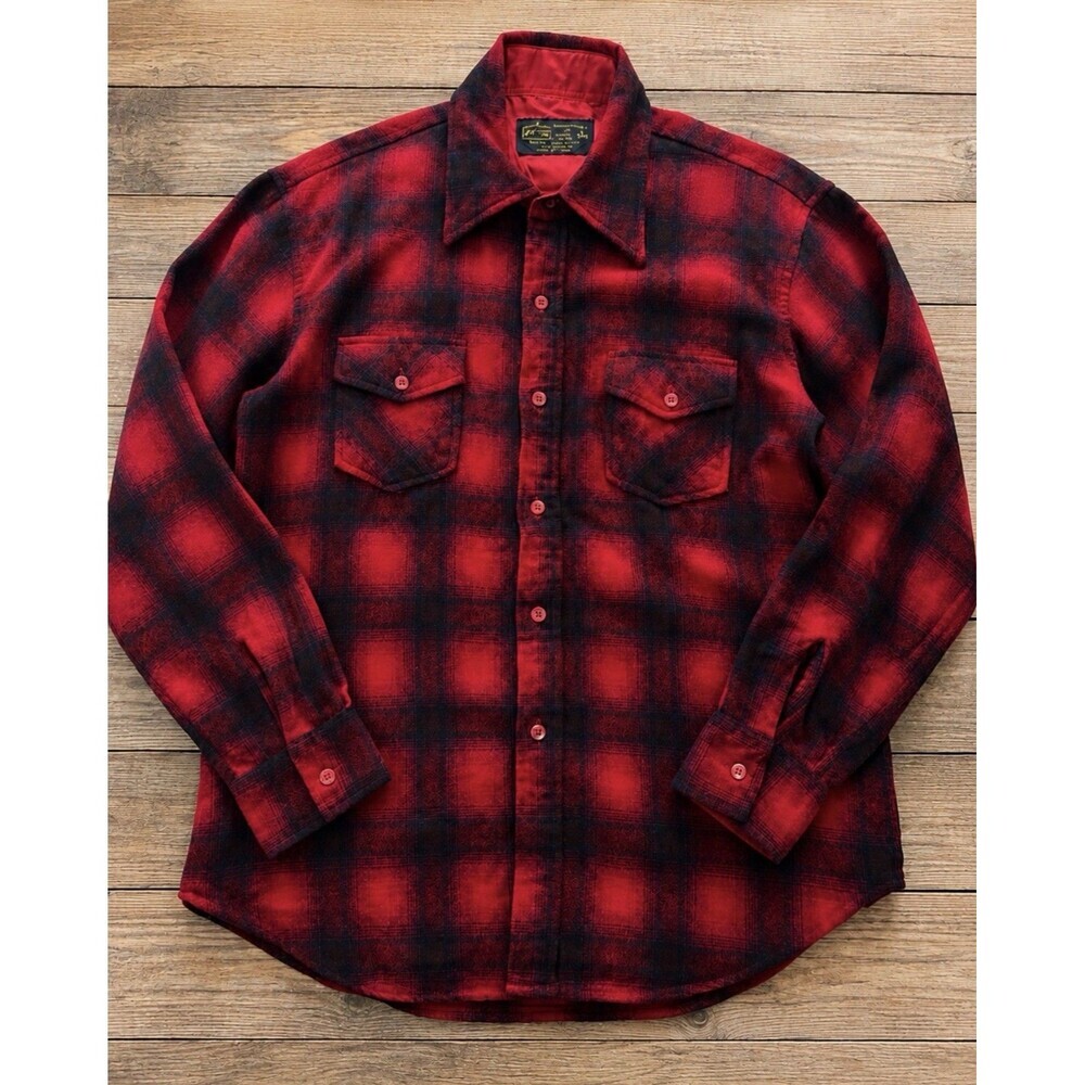 Vintage Sears Wool Flannel Shirt Jacket Red Black Plaid Men's Large Farm Cabin